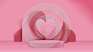 Valentine`s Day Concept. Paper cut style heart shape. Podium design