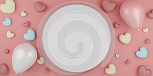 Valentine`s Day concept pastel hearts balloons with pedestal and round backdrop on pink background. 3D rendering