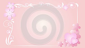 Valentine`s day concept with pink hearts on pink background and pink flower and floral ornament frame border style,Vector symbols