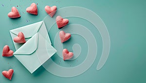 Valentine\'s Day Concept with Pink Hearts and White Envelopes on a Turquoise Background