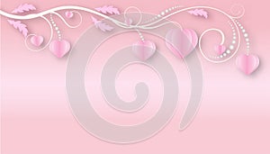 Valentine`s day concept with pink paper hearts hanging on floral tree branch, Paper cut style, Vector symbols of love, soft pink