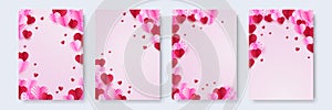 Valentine day concept posters set. Vector illustration. 3d red and pink paper hearts with frame on geometric background. Cute