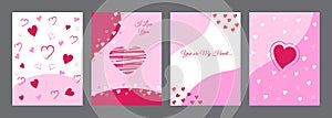 Valentine`s day concept posters set. Vector illustration. Flat red and pink paper hearts with frame on geometric background. Cute