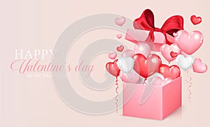 Valentine\'s Day concept with realistic heart shaped balloons flying from a pink gift box.