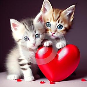 Valentine's Day concept with red heart symbol, couple cats are cute pets,generated illustration with ai