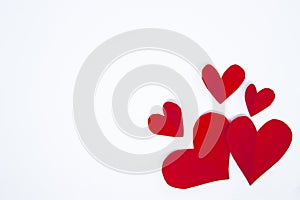 Valentine`s day concept, red paper hearts on white backgrounds. Valentine Card design with copy space