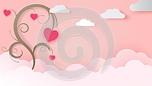 Valentine`s day concept with red pink paper hearts hanging on tree branch and clouds, Paper cut style, Vector symbols of love,