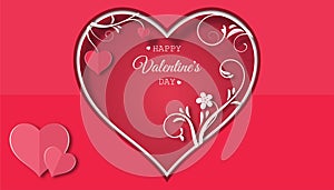 Valentine`s day concept with red pink paper hearts hanging on tree branch,floral paper, Paper cut style, Vector symbols of love,