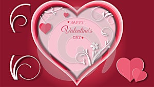 Valentine`s day concept with red pink paper hearts hanging on tree branch,floral paper, Paper cut style, Vector symbols of love,