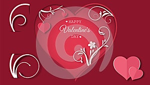 Valentine`s day concept with red pink paper hearts hanging on tree branch,floral paper, Paper cut style, Vector symbols of love,