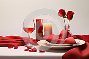 Valentine's Day concept with rose petals, gift box, candles. Generative AI