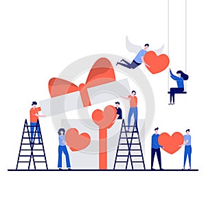 Valentine`s day concept with tiny character. People with big box and hearts around them flat vector illustration. Can use for