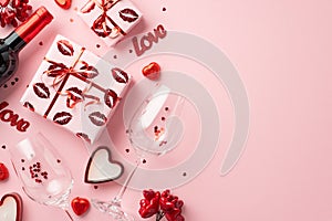 Valentine`s Day concept. Top view photo of gift boxes wine bottle glasses with confetti heart shaped chocolate candies candles an