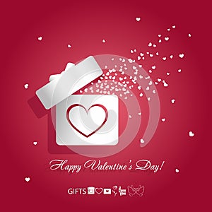 Valentine`s day concept vector illustration with open gift box and flying hearts on red background. Eps10 vector illustration wit