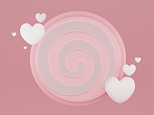 Valentine`s Day concept, white hearts balloons with banner on pink background. 3D rendering