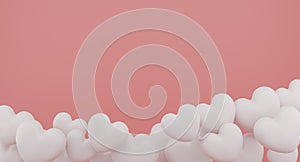 Valentine`s Day concept, white hearts balloons on pink background. 3D rendering