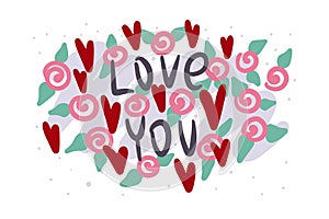 Valentine's day, congratulations on postcards, hand drawn sketch with hearts and the inscription. Vector design