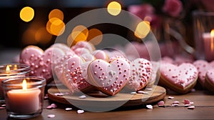 Valentine\'s Day cookies, The pink hearts bokeh background should feature sparkling lights,