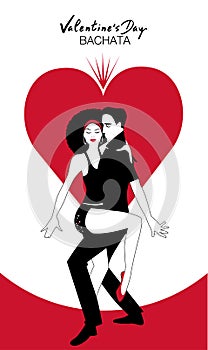 Valentine`s Day. Couple dancing bachata on heart in the background