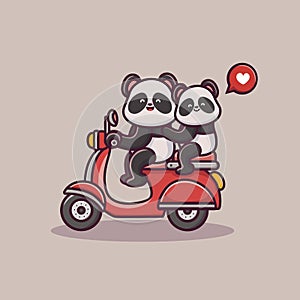 Valentine`s day couple of panda character ride a scooter. cute animal couples