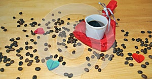 Valentine`s Day - cup of coffee, gift, hearts