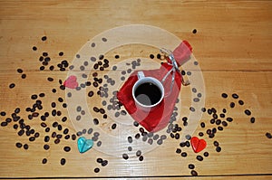 Valentine`s Day - cup of coffee, gift, hearts