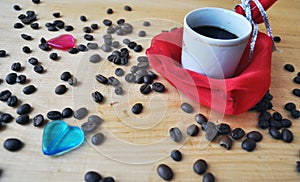 Valentine`s Day - cup of coffee, gift, hearts