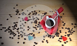 Valentine`s Day - cup of coffee, gift, hearts