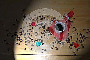 Valentine`s Day - cup of coffee, gift, hearts