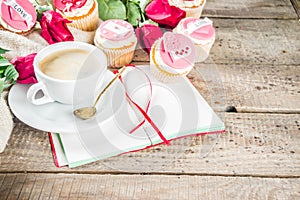 Valentine`s day cupcakes with coffee cup