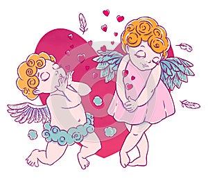 Valentine`s day. Cupid-boy cloud pants knelt and blowing kisses and hearts. Pair of angels.