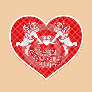 Valentine`s day with Cupid couples hold bird on hearton in red heart Scottish Tartan Texture on vector design
