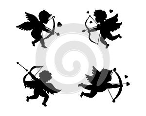 Valentine's day cupids. Love symbol. Angel with a wings. Cherubs silhouette. Cupids shooting arrows. Vector
