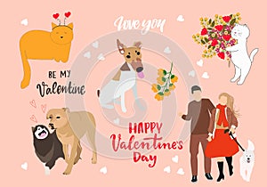 Valentine`s Day cute animals set with dogs and cats.