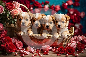 Valentine\'s day. Cute dogs inside a straw basket.