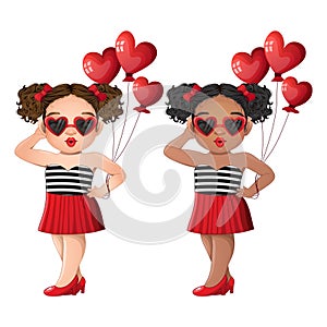 Valentine s Day with Cute Girls wearing Heart Glasses holding Heart Balloon Cartoon Character