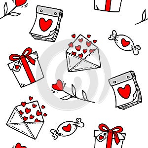 Valentine`s day. Cute hand drawn seamless pattern with love doodles elements: hearts, candies, flowers, calendar, gift boxes etc.