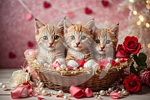 Valentine\'s day. Cute kittens inside a straw basket.