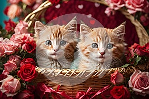 Valentine\'s day. Cute kittens inside a straw basket.