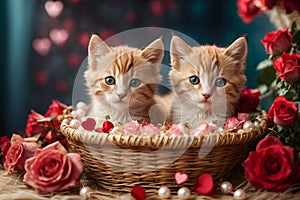 Valentine\'s day. Cute kittens inside a straw basket.