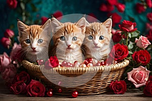 Valentine\'s day. Cute kittens inside a straw basket.