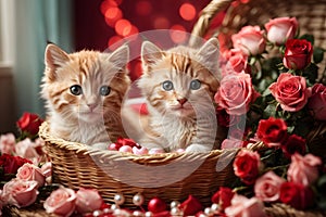 Valentine\'s day. Cute kittens inside a straw basket.