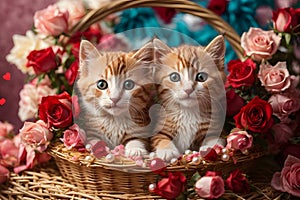 Valentine\'s day. Cute kittens inside a straw basket.