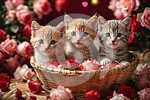 Valentine\'s day. Cute kittens inside a straw basket.