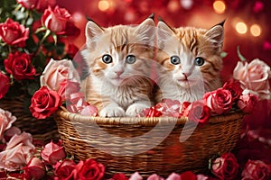 Valentine\'s day. Cute kittens inside a straw basket.