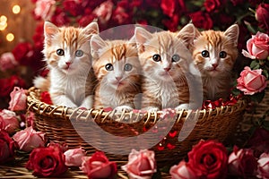 Valentine\'s day. Cute kittens inside a straw basket.