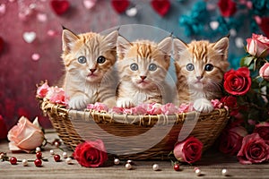 Valentine\'s day. Cute kittens inside a straw basket.