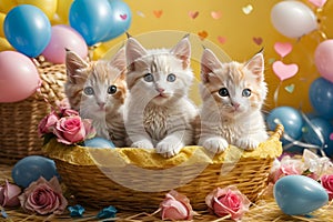 Valentine\'s day. Cute kittens inside a straw basket.