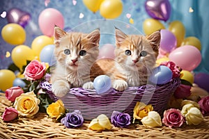 Valentine\'s day. Cute kittens inside a straw basket.