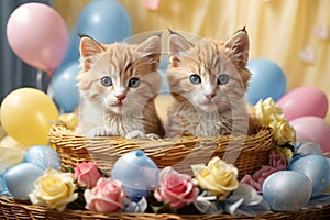 Valentine\'s day. Cute kittens inside a straw basket.